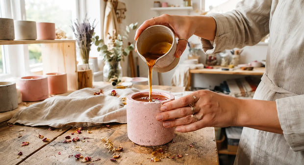 Wax poured into a handmade candle vessel