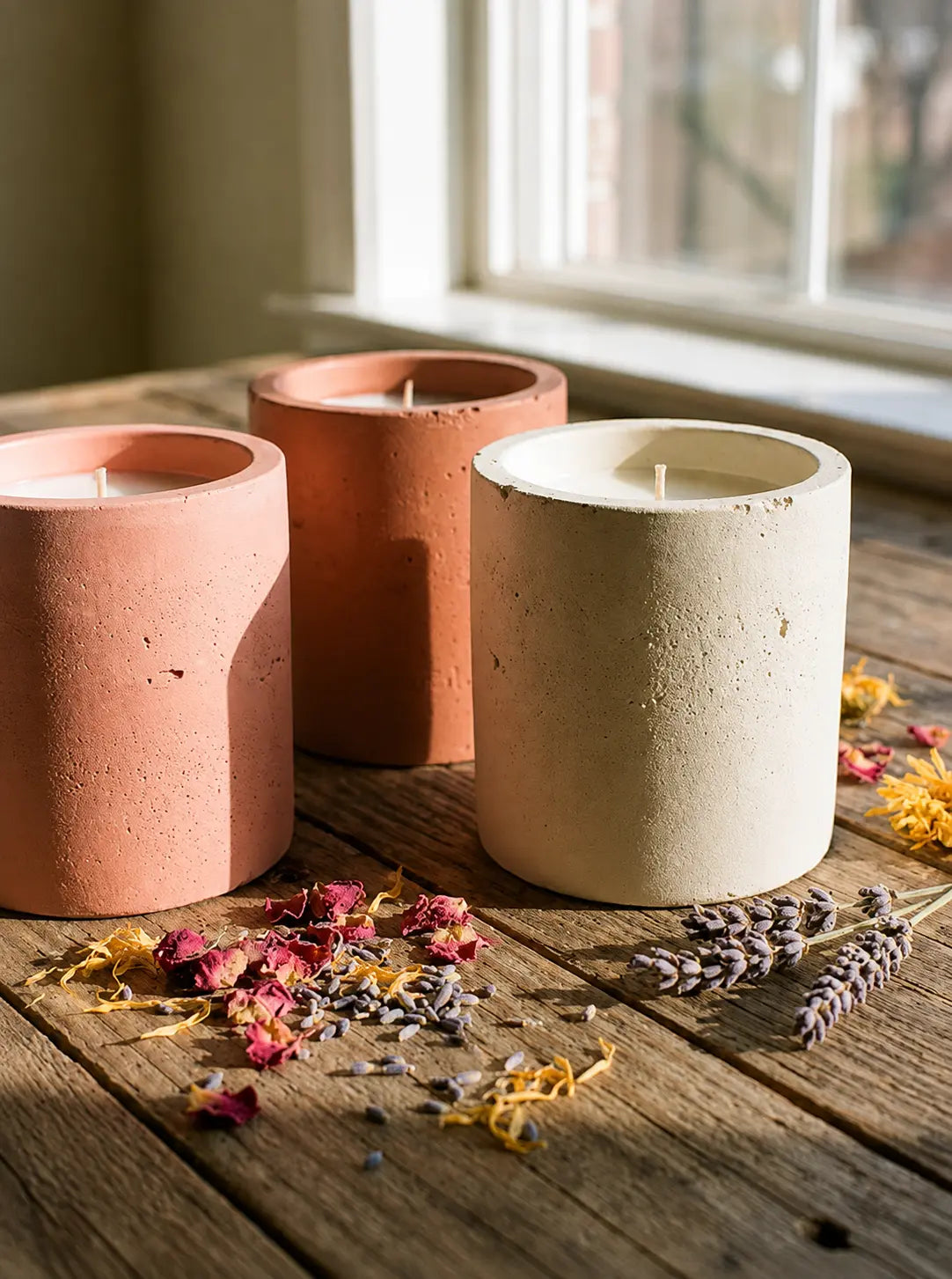 Floral candles arranged on a rustic table