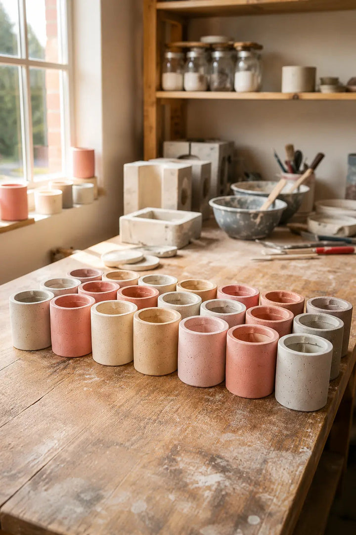 Handmade candle vessels arranged in a studio