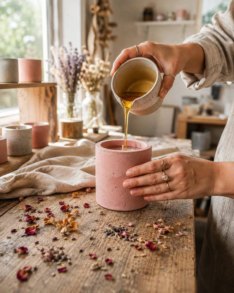 Molten soy wax being poured into a concrete jar