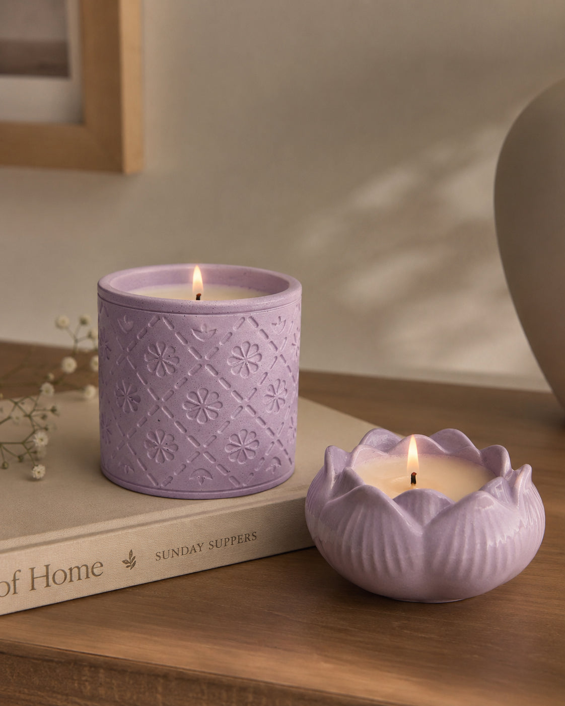 Lavender Calm candle in a peaceful botanical setting