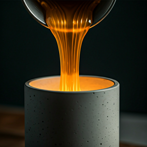 Molten soy wax being poured into a concrete jar