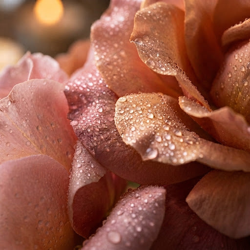 Dew drops resting on soft peach flower petals